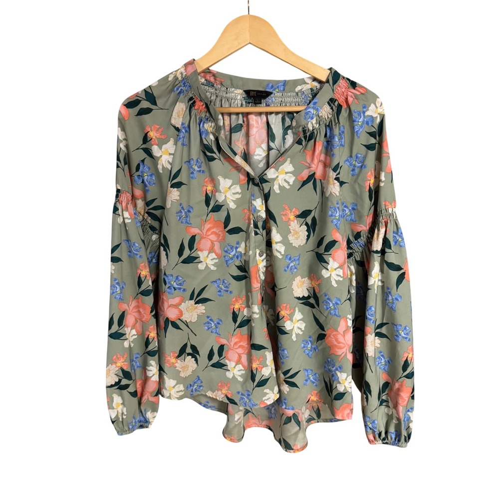 Frye Floral Blouse Sage Green Button Front Smocked Long Sleeve Top Large